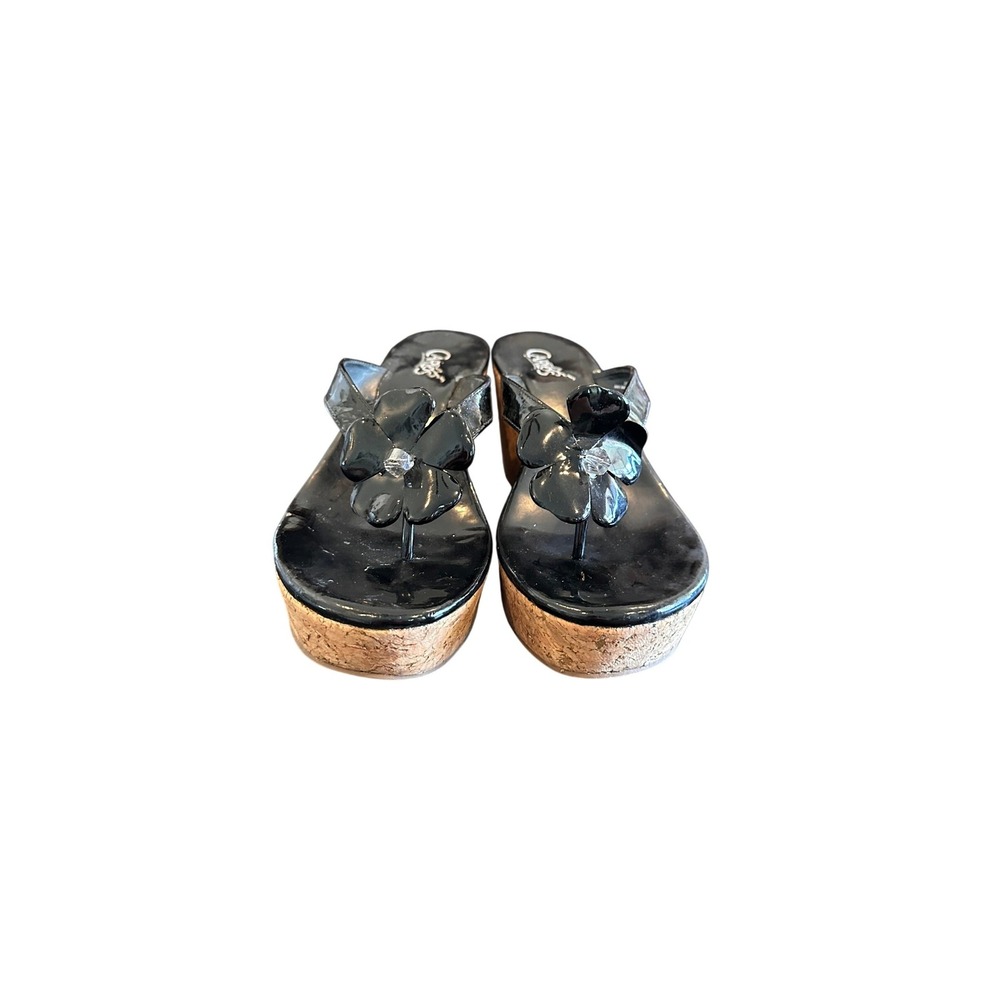 Carlos by Carlos Santana Black Patent Leather Floral Cork Wedge Sandals 7M - Picture 2 of 9